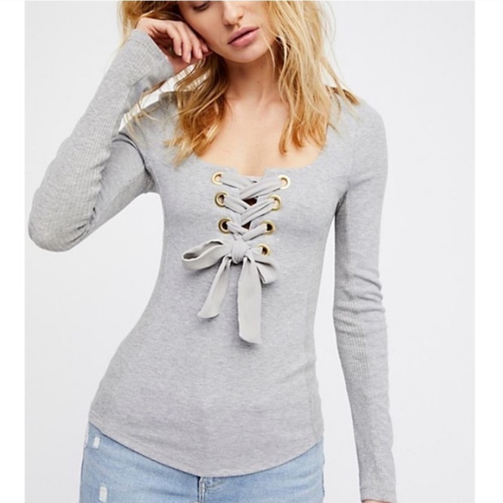 Free People Dove Gray Looking Back Lace Up Long Sleeve Top - Picture 13 of 16